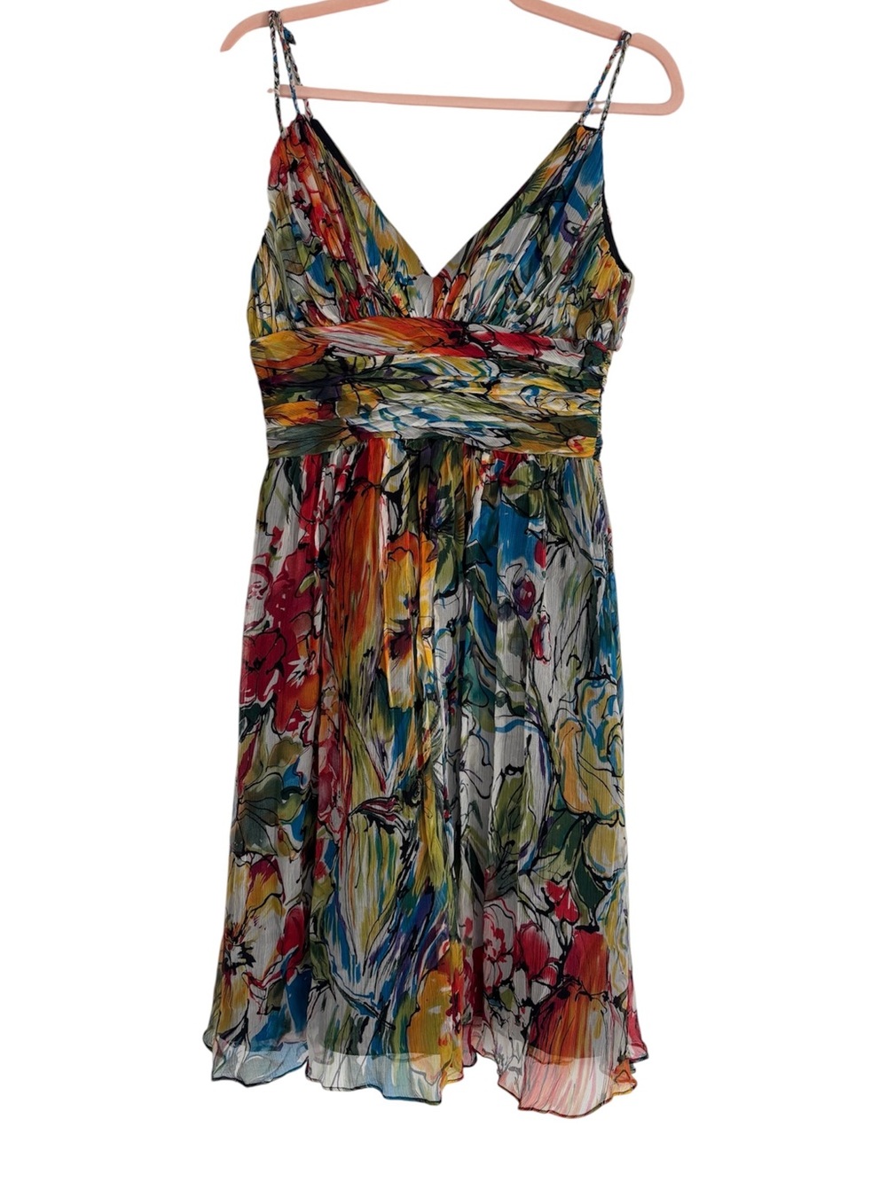 OC by Oleg Cassini Silk Multicolor Floral V-Neck Spaghetti Strap Dress
